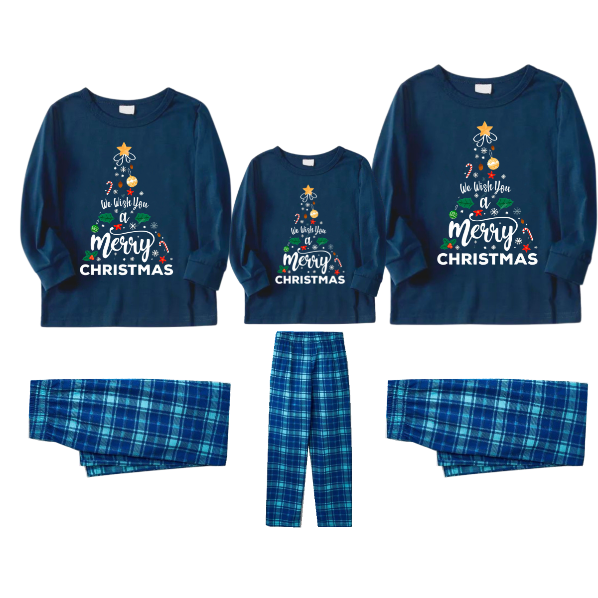 "We Wish You a Merry Christmas" Printed Blue Long Sleeve Top With Blue Plaid Family Matching Pajamas