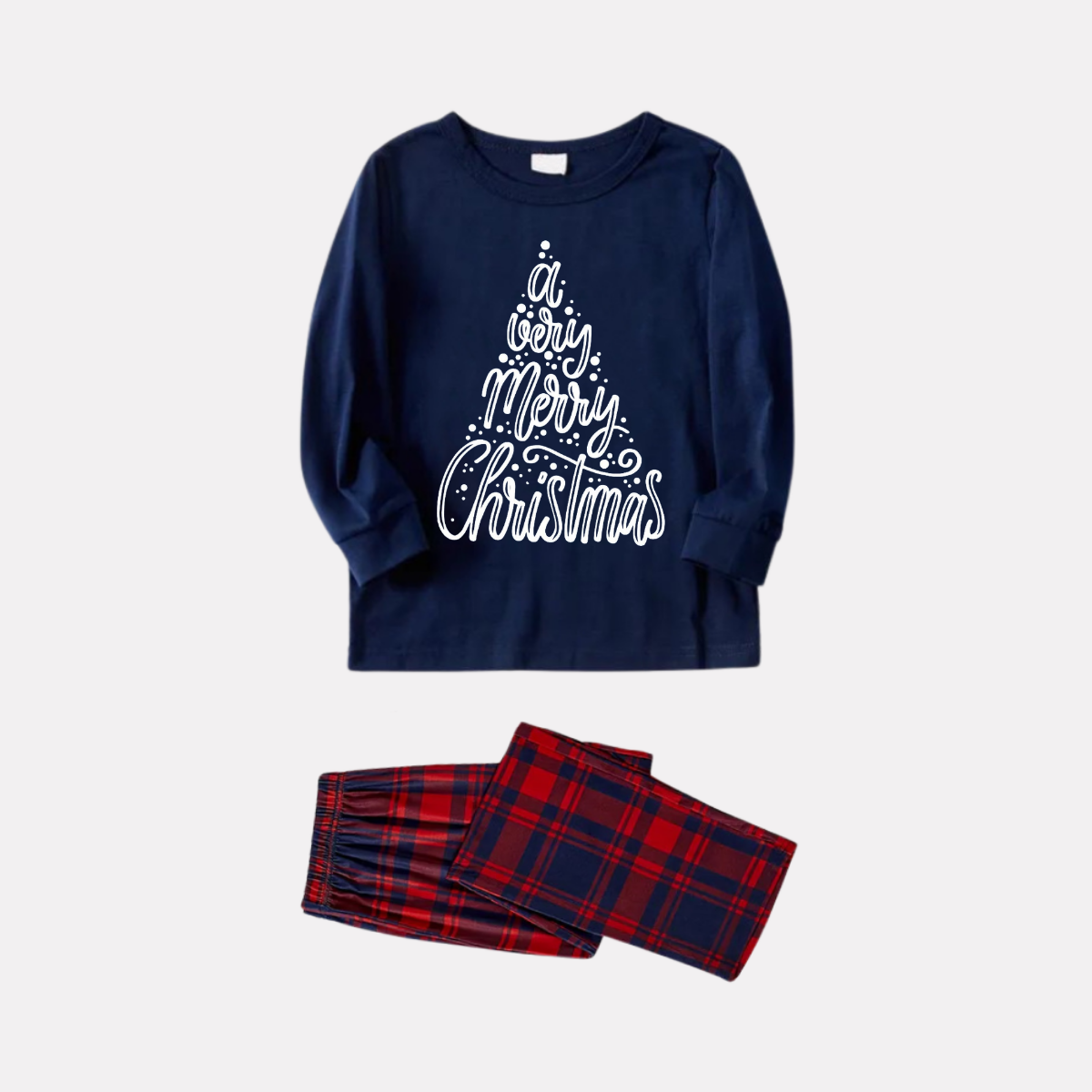 "A Very Merry Christmas" Blue Long Sleeve Top with Blue & Red Plaid Family Matching Pajamas