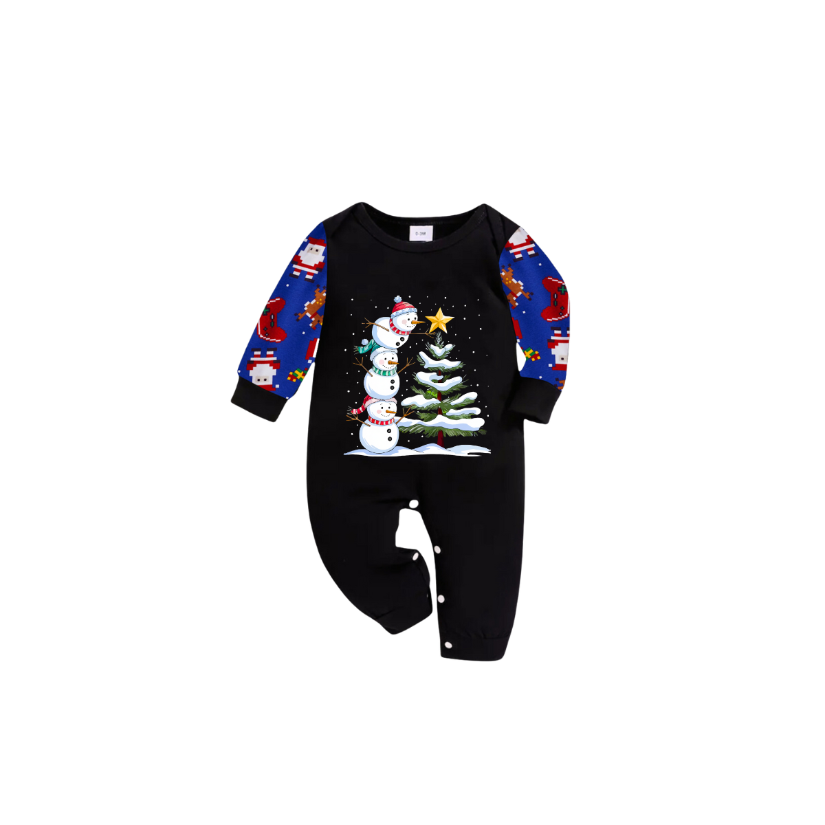 Joyful Blue Color-blocked Christmas Pajamas Set with Snowman & Christmas Tree Print