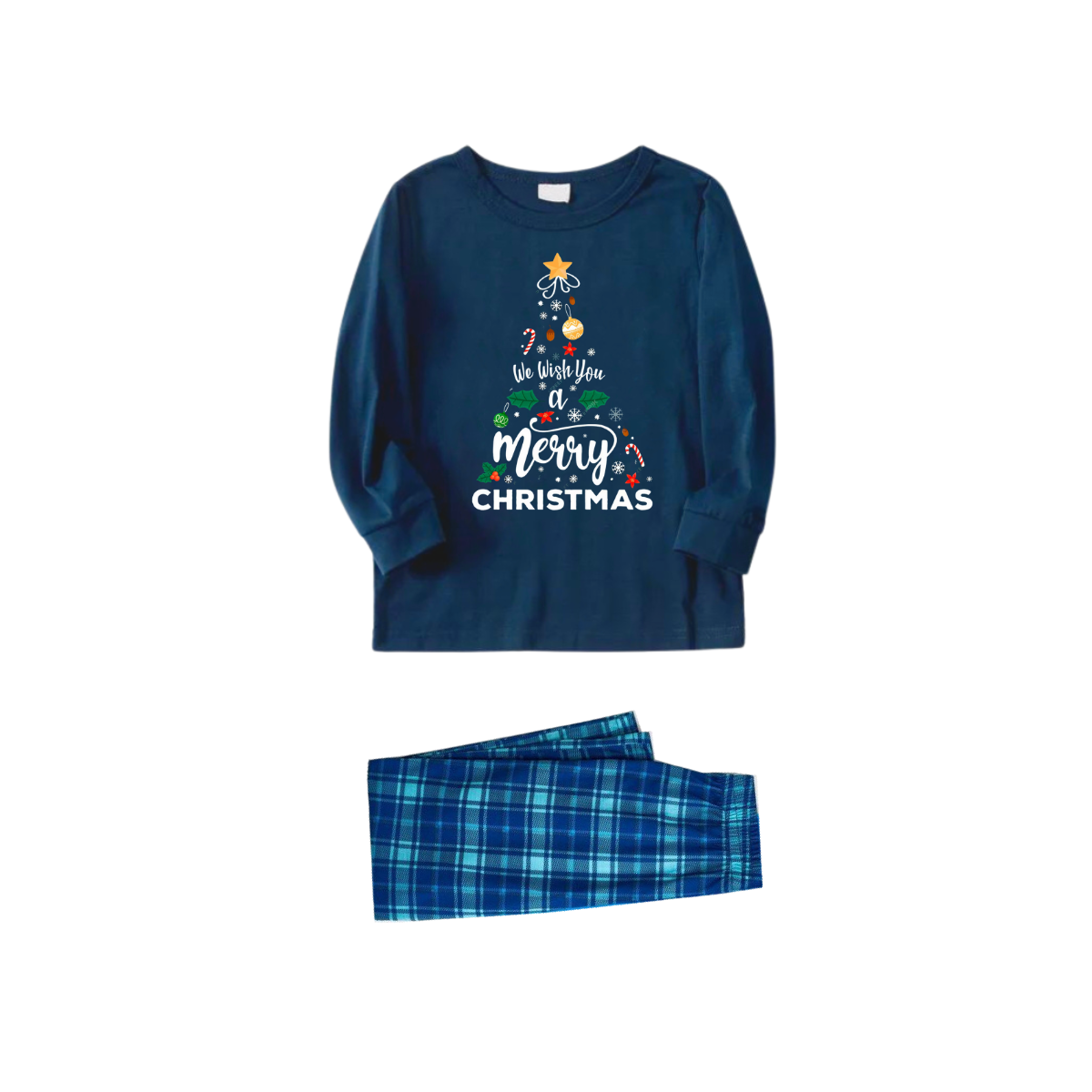 "We Wish You a Merry Christmas" Printed Blue Long Sleeve Top With Blue Plaid Family Matching Pajamas