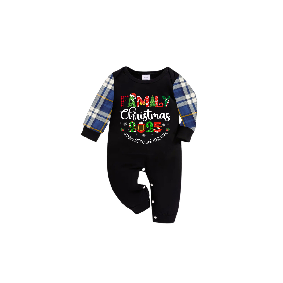 Family Christmas 2025 Making Memories Family Pajamas Set - Black Top, Blue Pants, Blue Plaid Sleeves