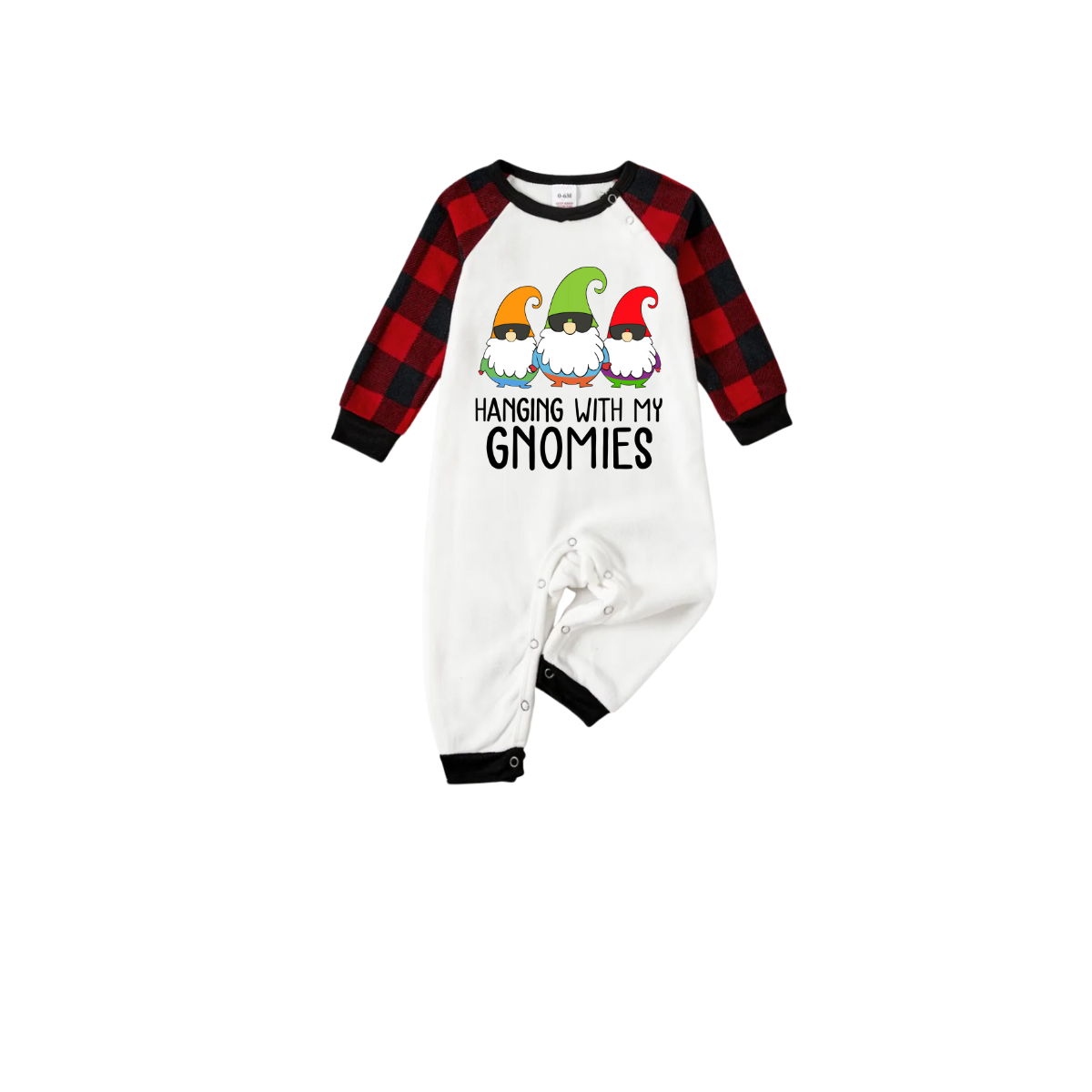 Hanging With My Gnomies Family Pajamas Set - White Top Black Sleeves Red Plaid Pants Colorful Gnomes Graphic