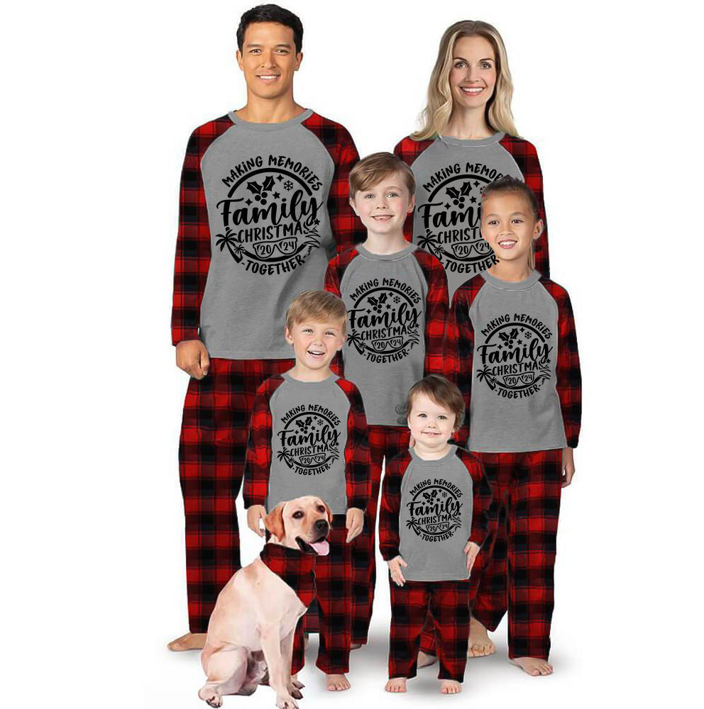 Christmas Make Memories Together 2024 Print Black & Red Plaid Family Matching Grey Pajamas With Dog bandana