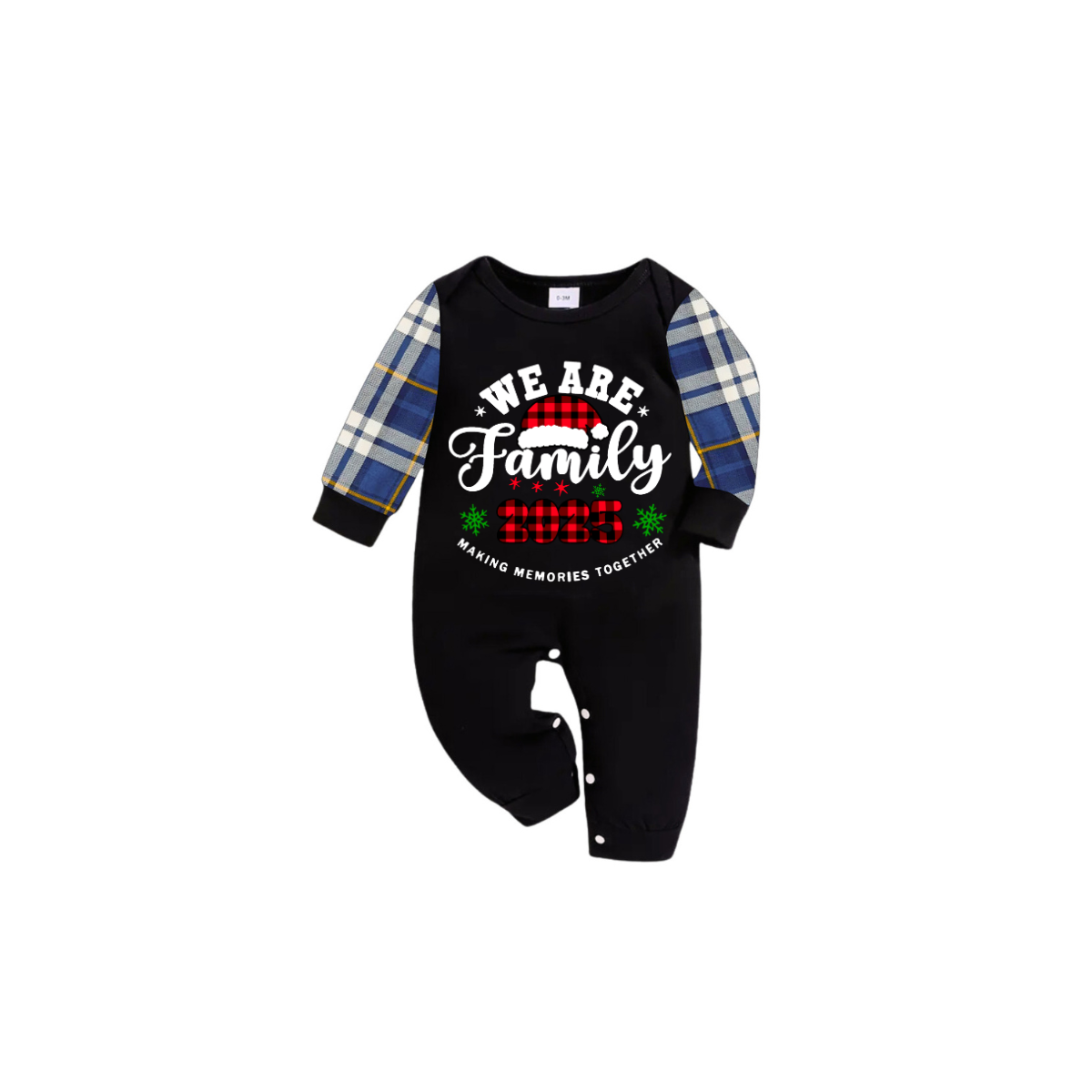 2025 We Are Family Christmas Family Pajamas Set - Black Top / Blue Plaid Pants / Blue Plaid Sleeves
