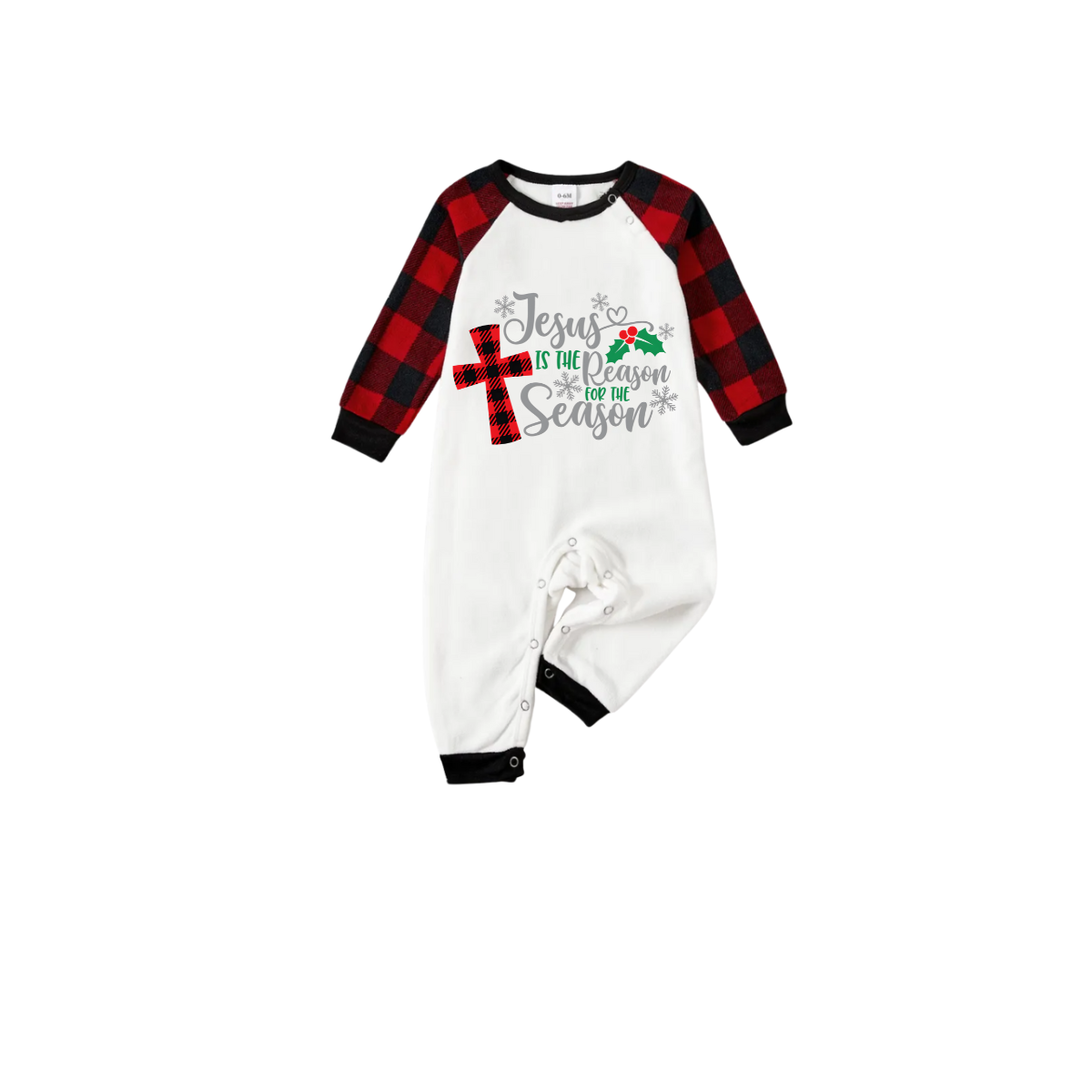 Jesus is the Reason Family Christmas Pajamas Set - White Top, Red Plaid Pants, Black Sleeves, Red Plaid Cross and Holly Print