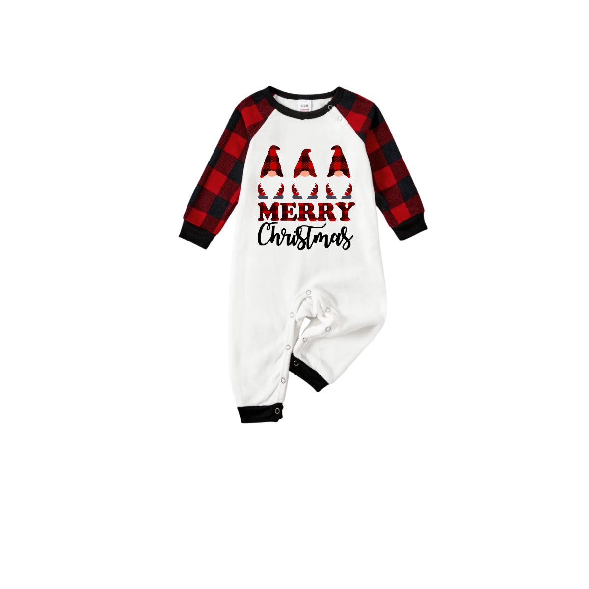 Merry Christmas Gnome Family Pajamas Set - White Top Black Sleeves Red Plaid Pants Red and Black Graphic