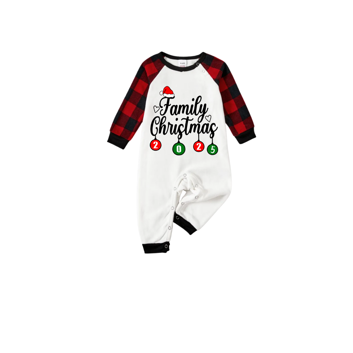Family Christmas 2025 Family Pajamas Set - White Top Black Sleeves Red Plaid Pants Santa Hat and Heart Graphic