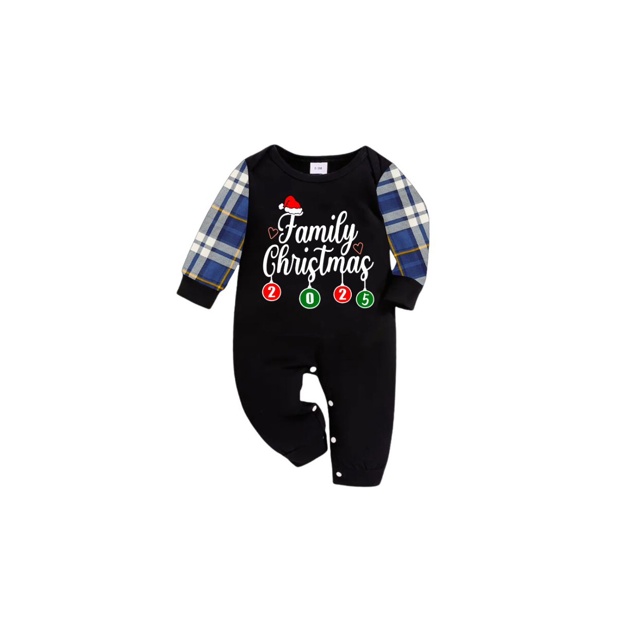 Family Christmas 2025 Pajamas Set - Black Top / Blue Plaid Sleeves & Pants / Santa Hat Print
