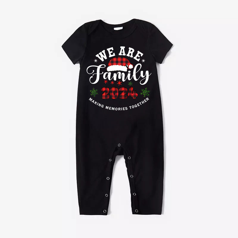 "We are Family" Santa Hat Monogram Print Letter Black Short Sleeve with Red & Black Plaid Pant Family Matching Pajamas