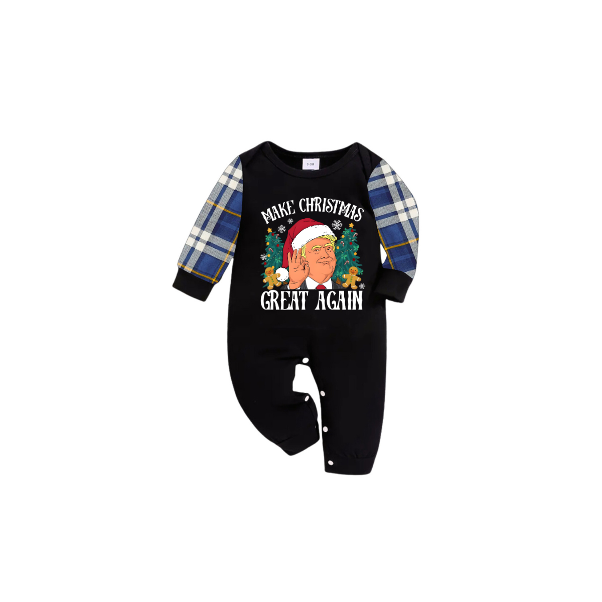 Christmas Cartoon Trump Make Christmas Great Again Family Pajamas Set - Black Top, Blue Pants, Plaid