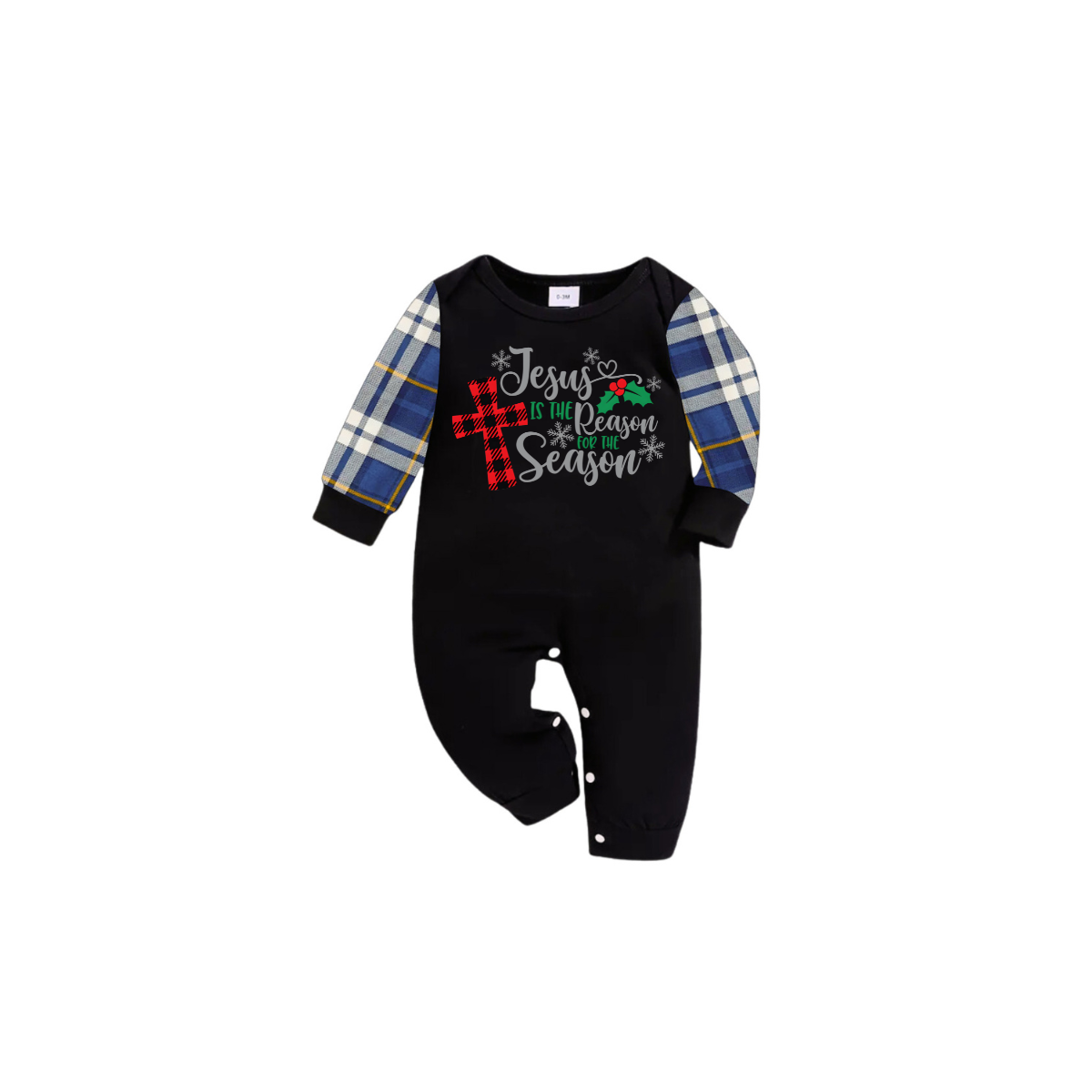 Jesus Is the Reason Family Christmas Pajamas Set Matching Black & Blue Plaid