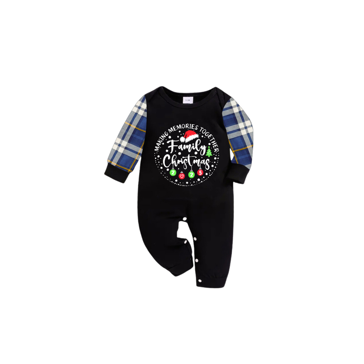 Making Memories Together Family Christmas 2025 Family Pajamas Set - Black Top, Blue Pants, Blue Plaid Sleeves