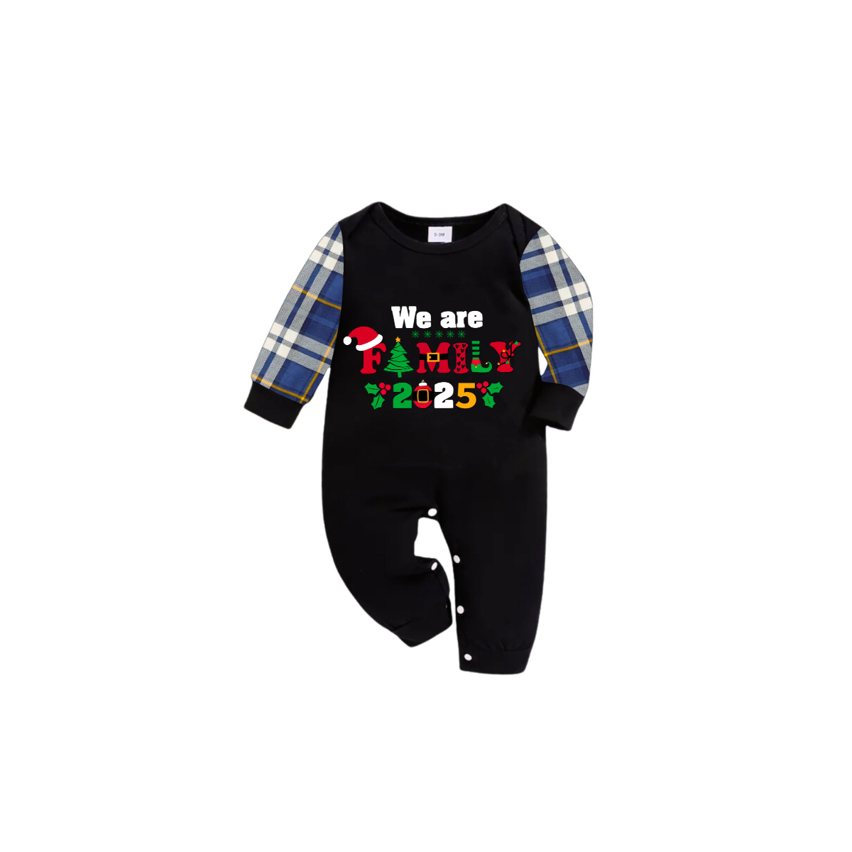 We Are Family Christmas 2025 Family Pajamas Set - Black Top, Blue Pants, Blue Plaid Sleeves