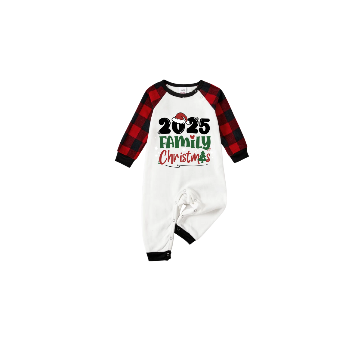 2025 Family Christmas Pajamas Set - White Top Black Sleeves Red Plaid Pants Green and Red Text Graphic