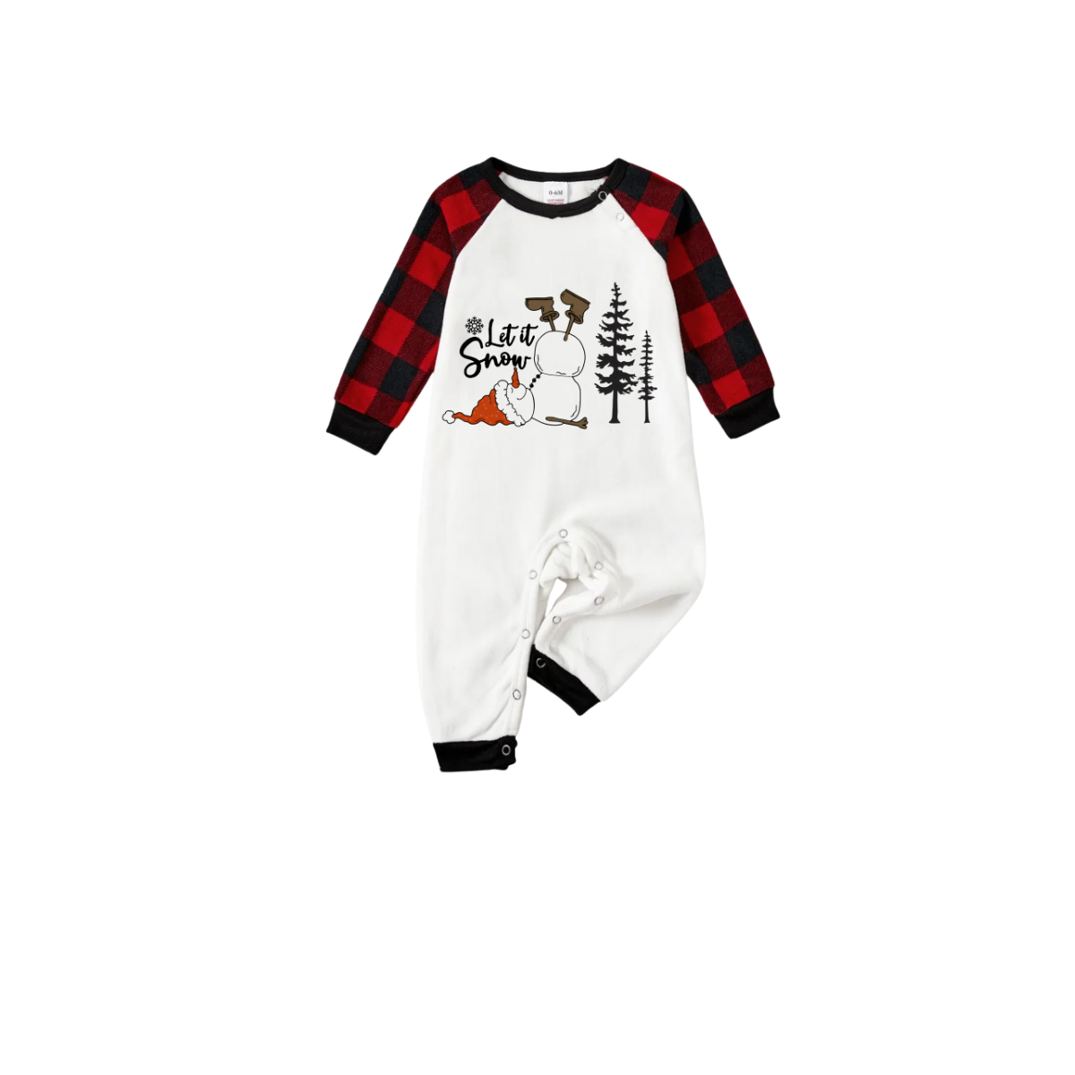 Let It Snow Family Pajamas Set - White Top Black Sleeves Red Plaid Pants Christmas Snowman Graphic