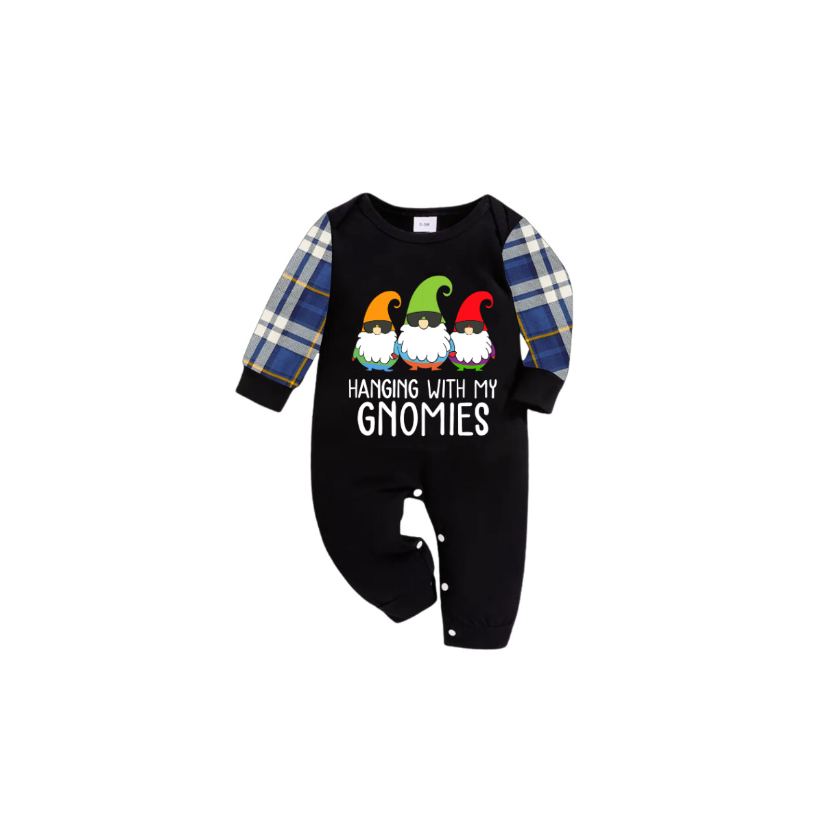 Hanging With My Gnomies Christmas 2025 Family Pajamas Set - Black Top, Blue Pants, Blue Plaid Sleeves