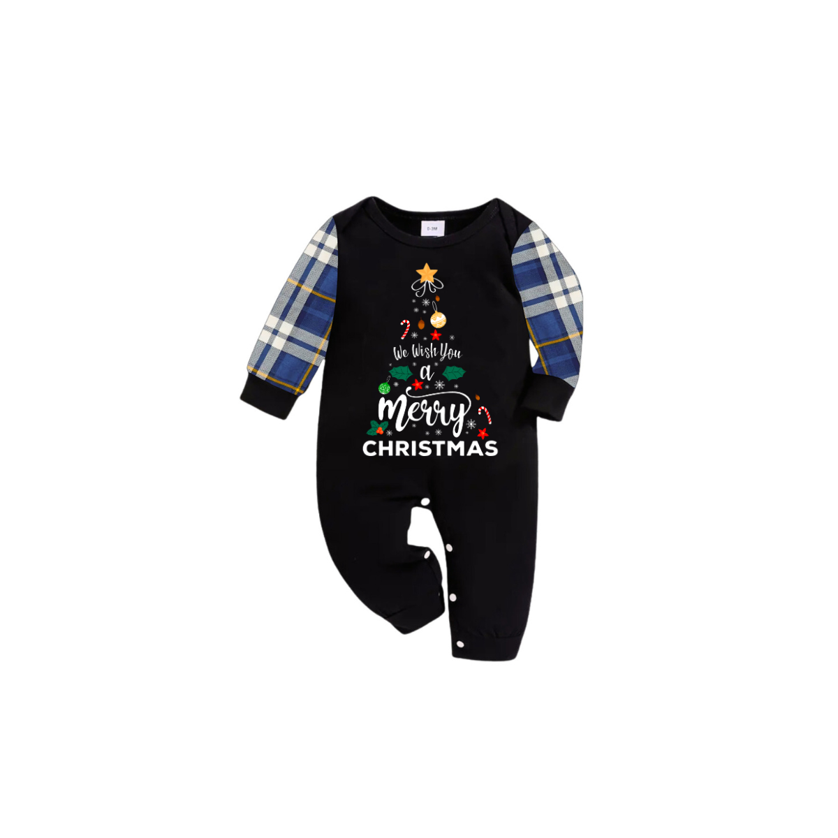 We Wish You a Merry Christmas Family Pajamas Set - Black Top / Blue Plaid Pants / Blue Plaid Sleeves