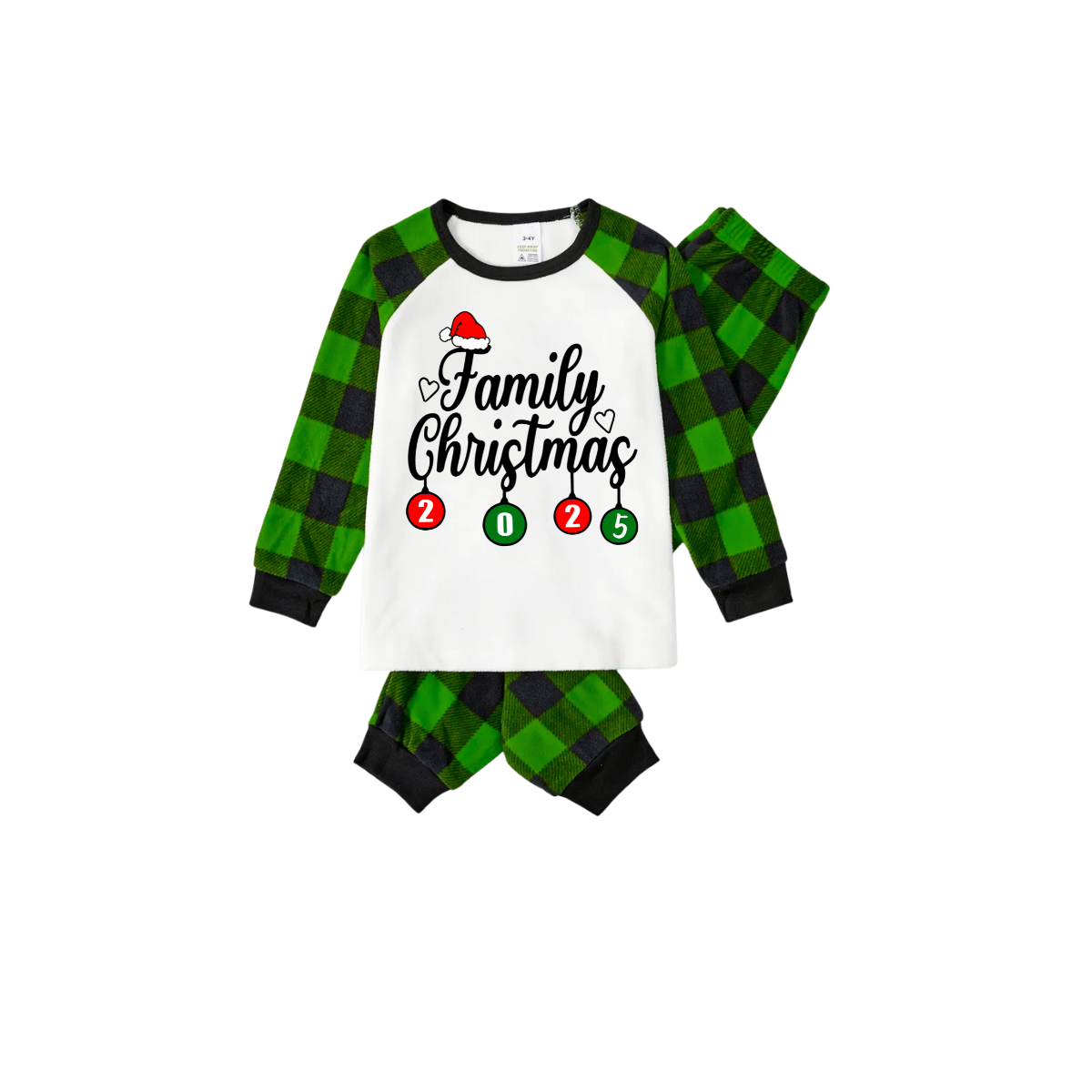 Family Christmas 2025 Pajamas Set - White Top / Green Plaid
