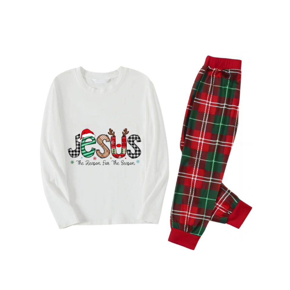 "Jesus" and Christmas Pattern Printed Red and Green Plaid Christmas Pajama Set