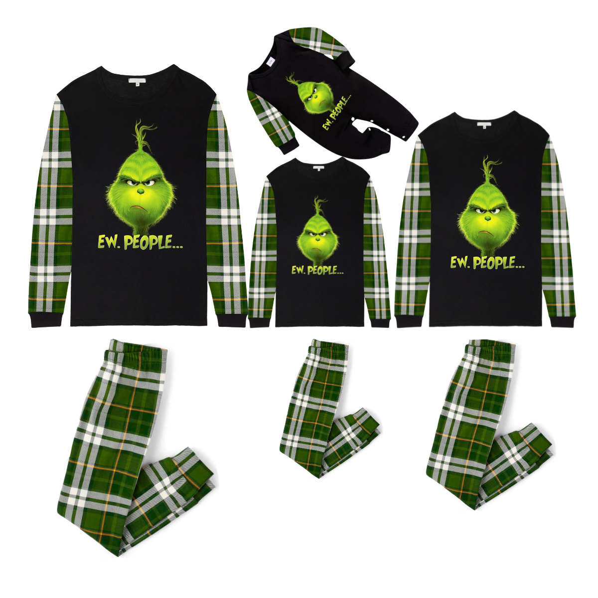 Grinch Ew, People?... Matching Family Christmas Pajamas- Black Tops & Green Plaid Pants
