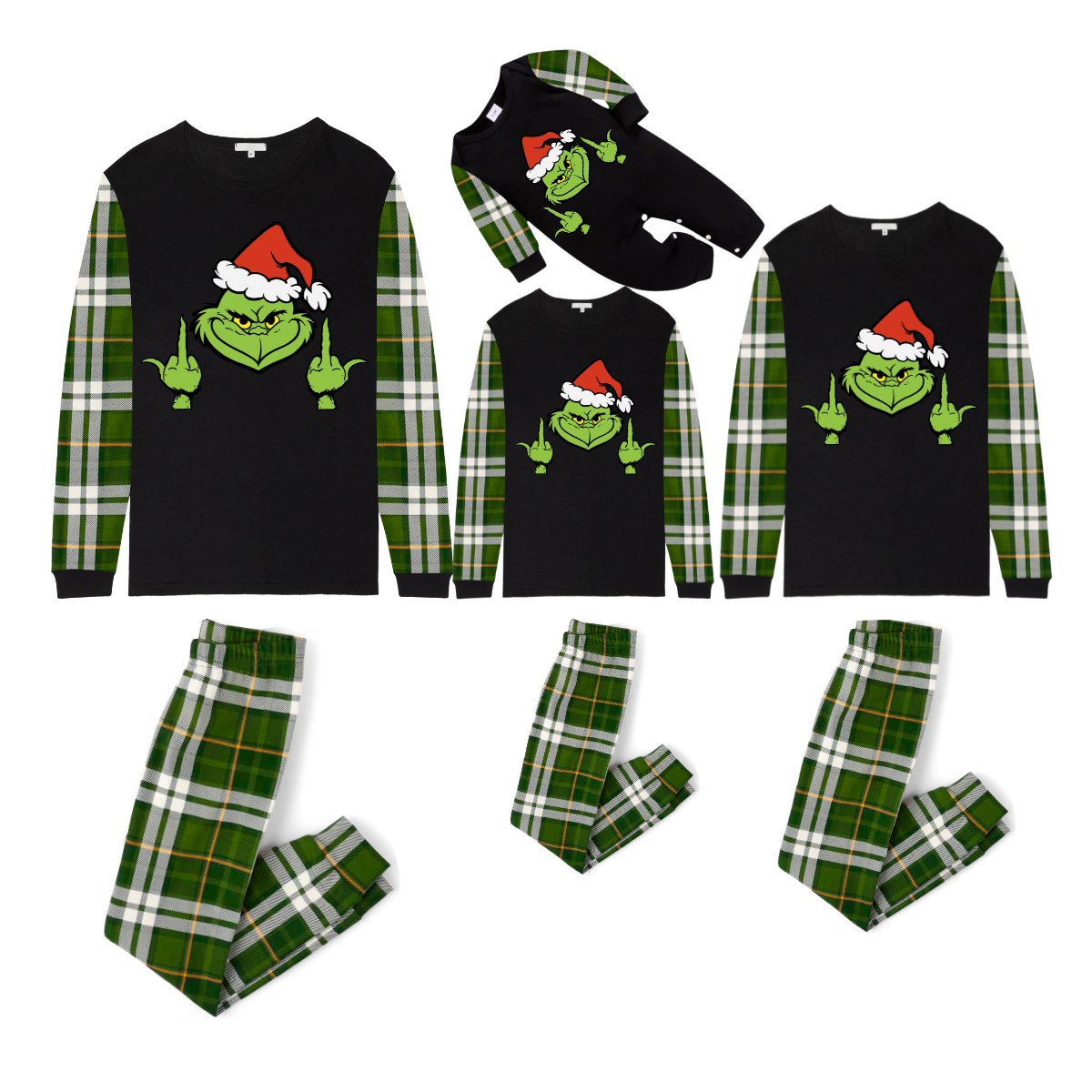 Grinch Santa Middle Finger Family Christmas Pajamas Black Top with Green Plaid Pants