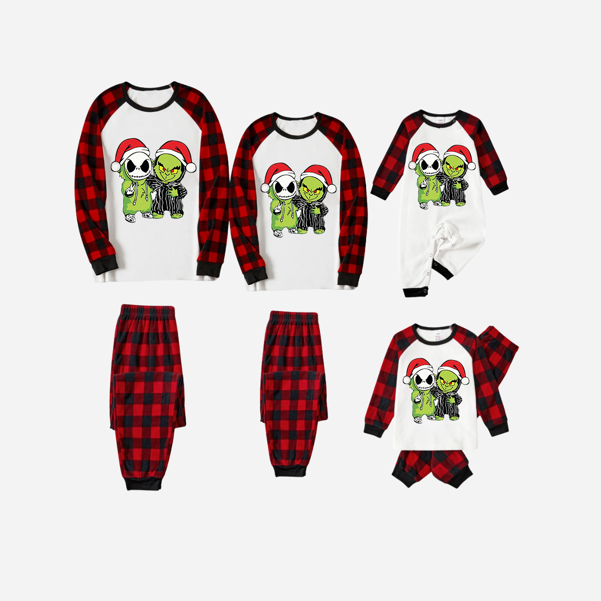 Red and Black Plaid Christmas Pajamas Set With Grinch and Cartoon Pattern Print