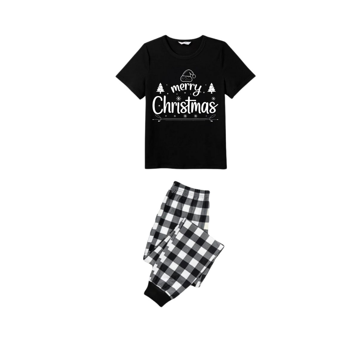We Wish You a Merry Christmas Tree Family Pajamas Set - Black Top Black and White Plaid Pants Holiday Graphic