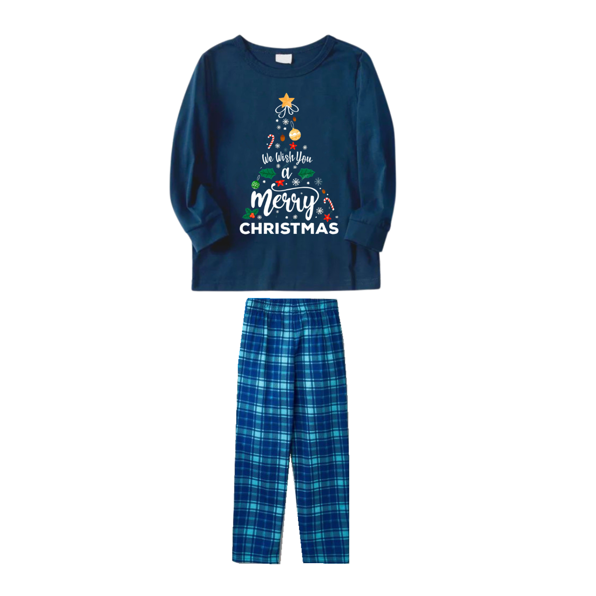 "We Wish You a Merry Christmas" Printed Blue Long Sleeve Top With Blue Plaid Family Matching Pajamas