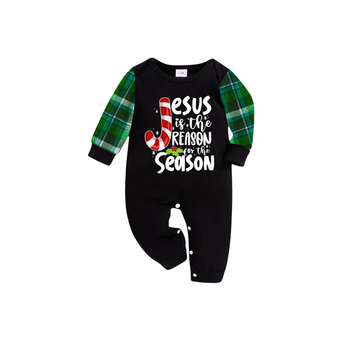 Jesus is the Reason Green Plaid Christmas Pajama Set with Candy Cane Sleeves