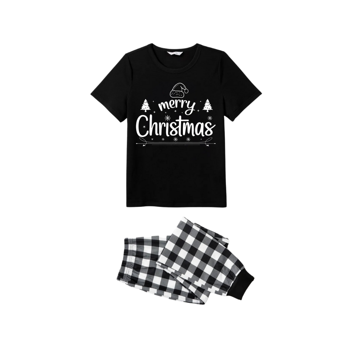 We Wish You a Merry Christmas Tree Family Pajamas Set - Black Top Black and White Plaid Pants Holiday Graphic