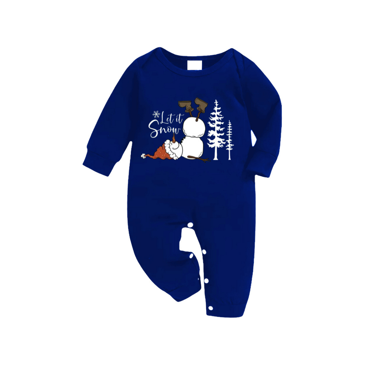 "Let it Snow" Text and Snowman Printed Blue and White Plaid Family Matching Pajamas