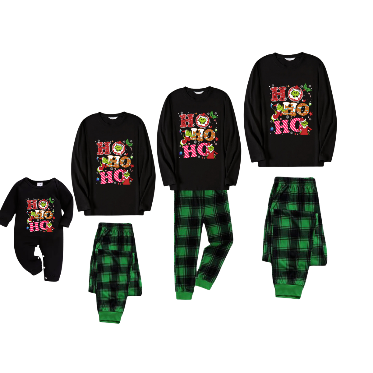 Black Top and Green Plaid Pants Christmas Pajamas Set With Grinch and "HO HO HO" Text Print