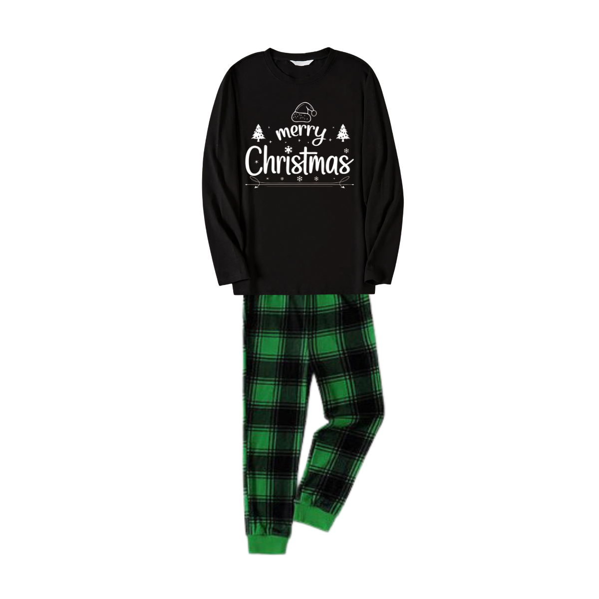 "Merry Christmas" White Letter 2025 Black Long Sleeve Top with Black And Green Plaid Pants Family Matching Pajamas