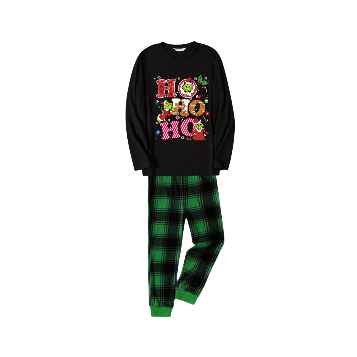 Black Top and Green Plaid Pants Christmas Pajamas Set With Grinch and "HO HO HO" Text Print