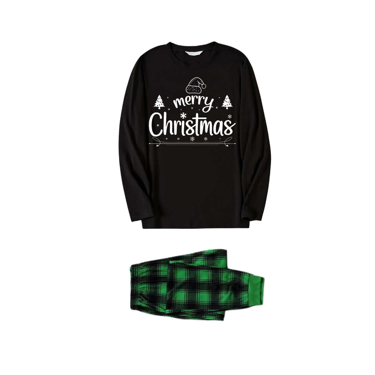 "Merry Christmas" White Letter 2025 Black Long Sleeve Top with Black And Green Plaid Pants Family Matching Pajamas