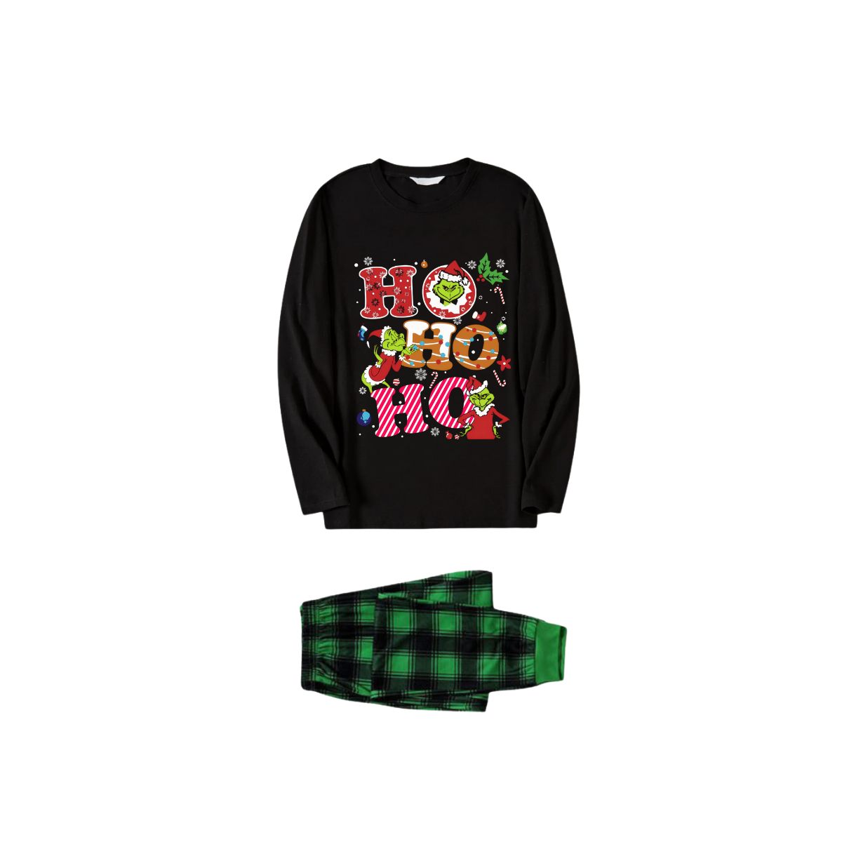 Black Top and Green Plaid Pants Christmas Pajamas Set With Grinch and "HO HO HO" Text Print