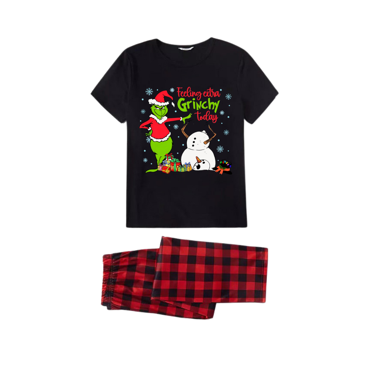 Red and Black Plaid Short Sleeve Christmas Pajamas Set With Grinch and Snowman Print