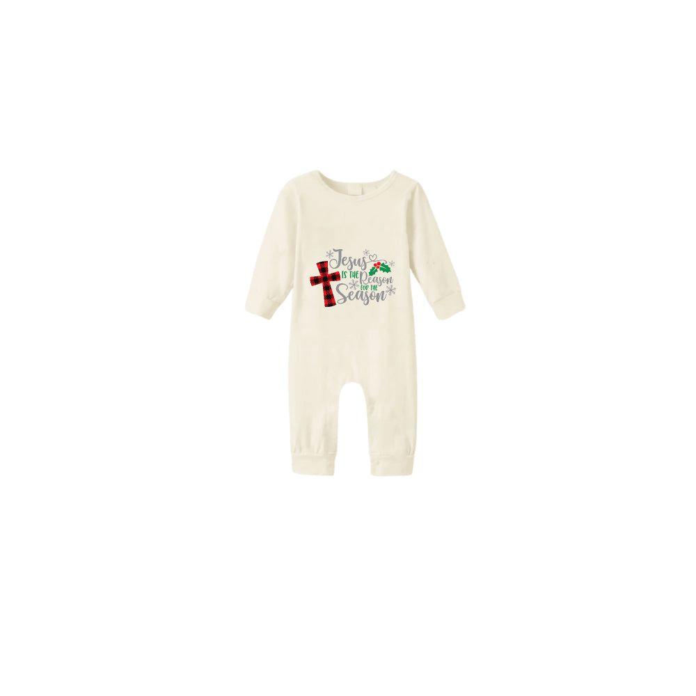 Beige Christmas Pattern Print Christmas Pajamas Set With Jesus Text Print