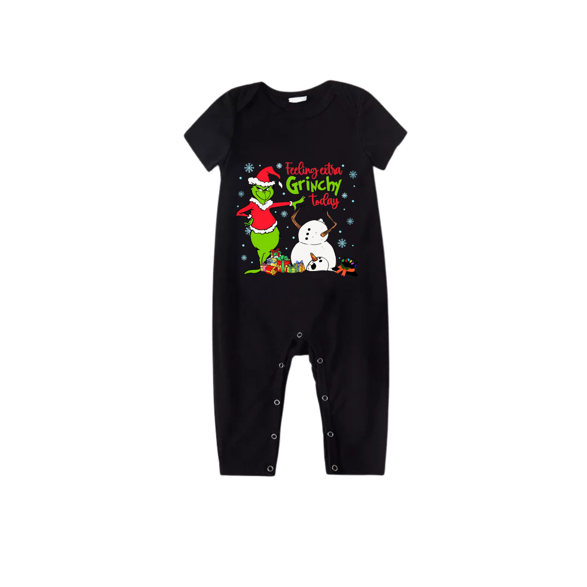 Red and Black Plaid Short Sleeve Christmas Pajamas Set With Grinch and Snowman Print