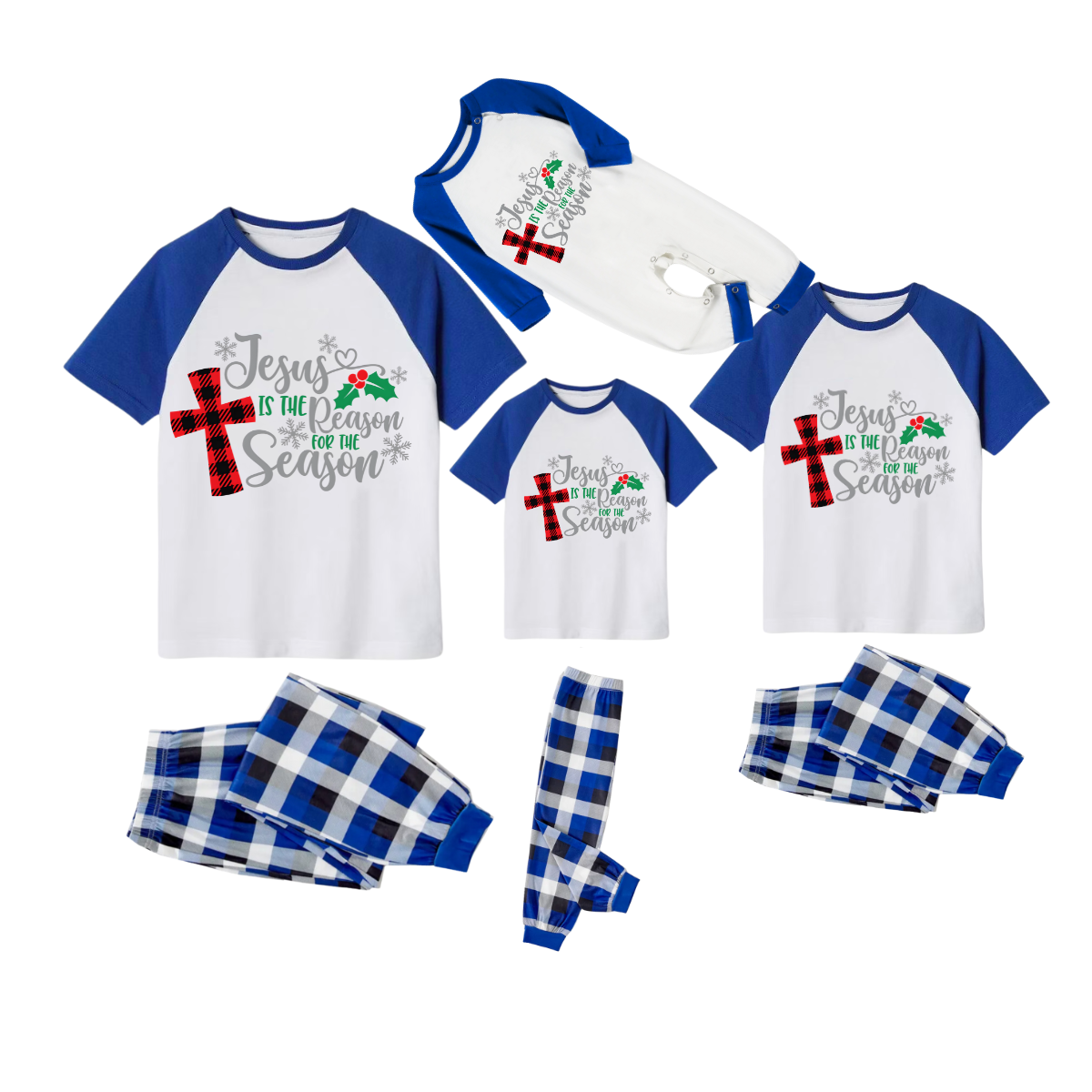 Jesus is the Reason Family Christmas Pajamas Set - White Top, Blue Plaid Pants, Blue Sleeves, Red Plaid Cross and Holly Print