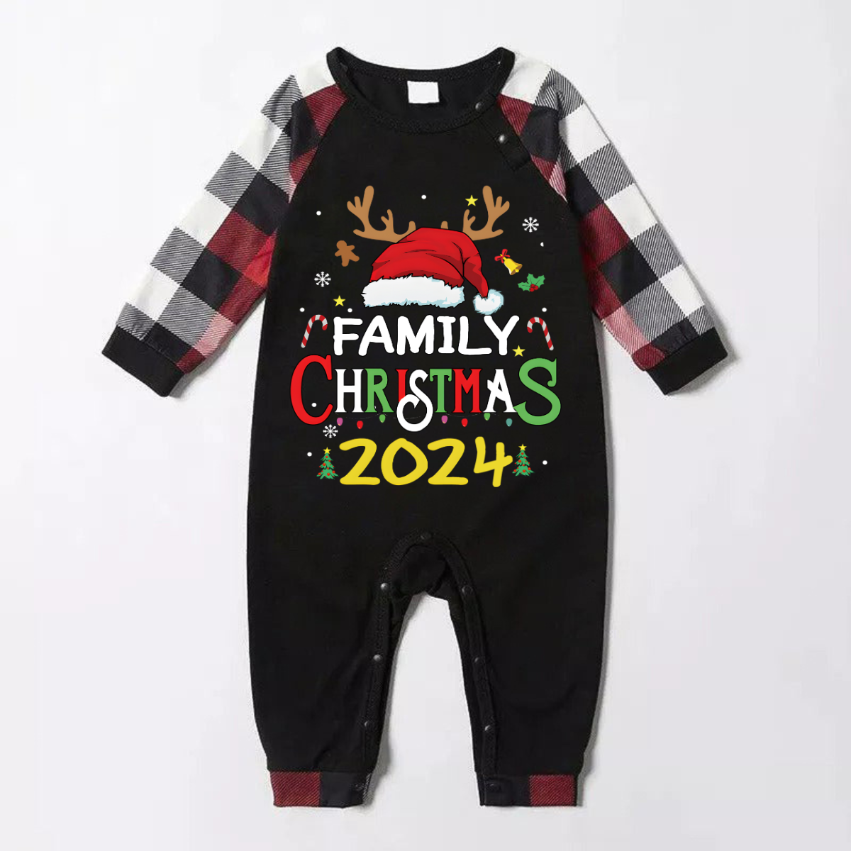 Family Christmas Shirts Santa Hat Christmas Deer Patterned and 'FAMILY CHRISTMAS 2024 ' Letter Print Contrast Tops and Red & Black & White Plaid Pants Family Matching Pajamas Set With Dog Bandana