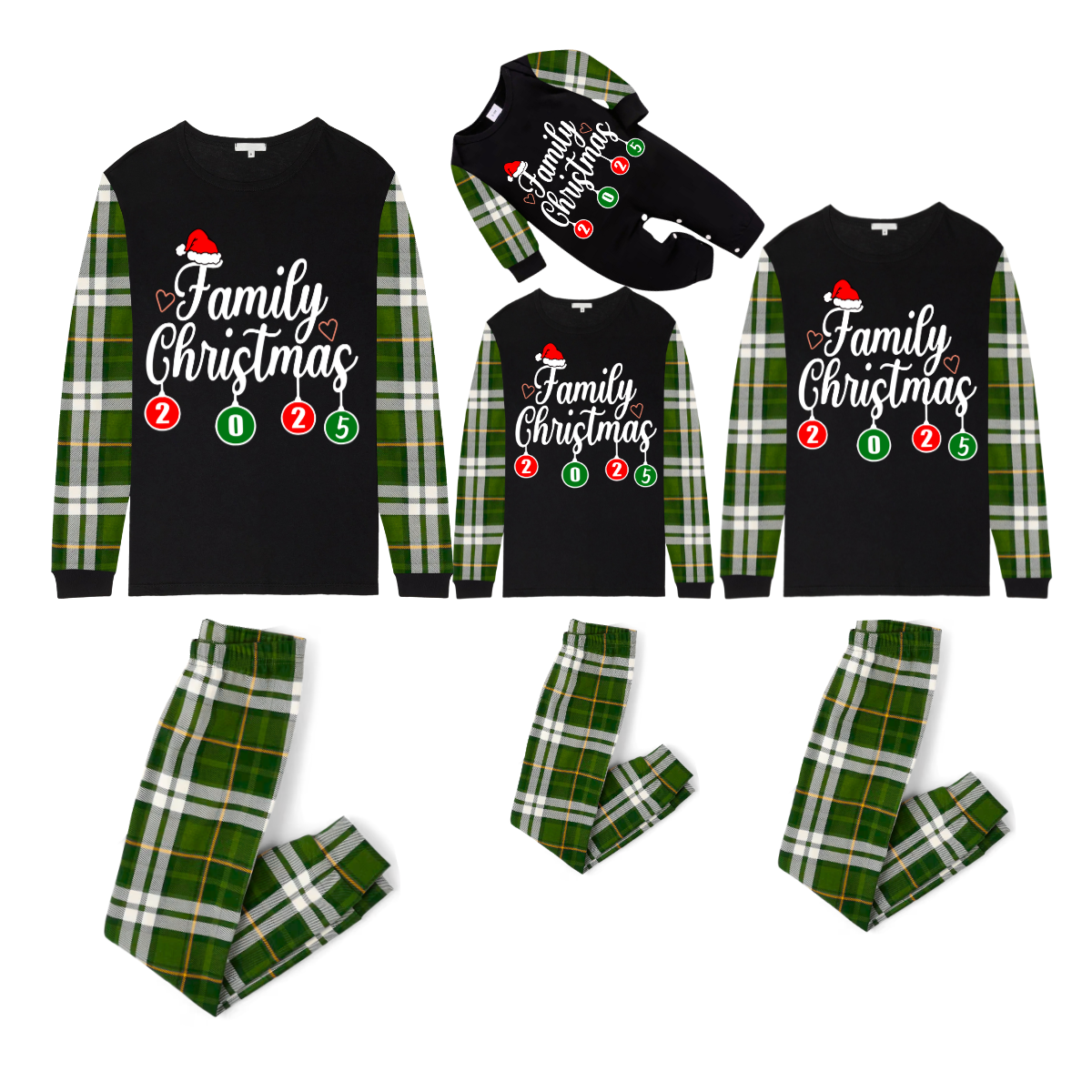 Family Christmas 2025 Pajamas Set - Black Top / Green Plaid Sleeves & Pants / Santa Hat Print