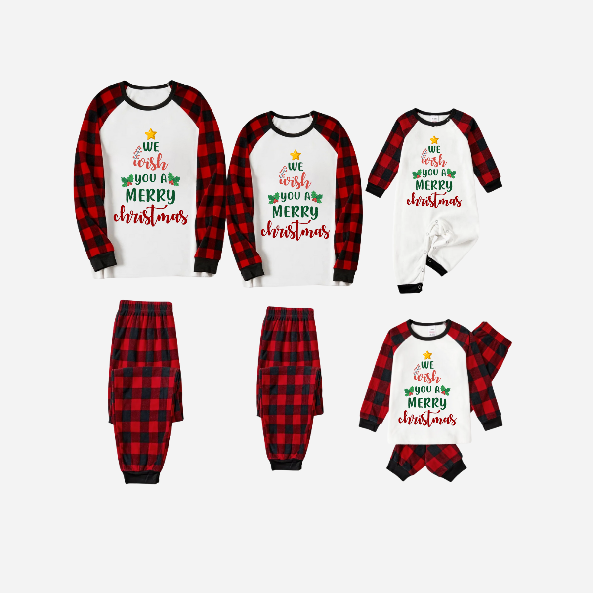 Red and Black Plaid Christmas Pajamas Set With "We Wish You a Merry Christmas" Text Print