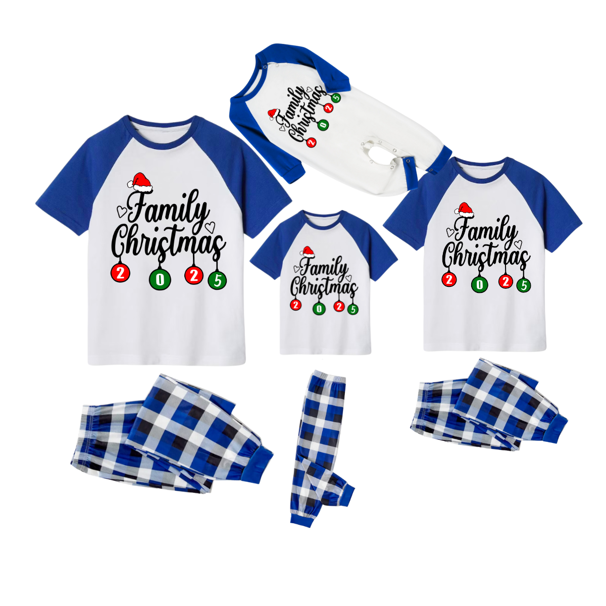 Family Christmas 2025 Family Pajamas Set - White Top Blue Sleeves Blue Plaid Pants Santa Hat and Heart Graphic