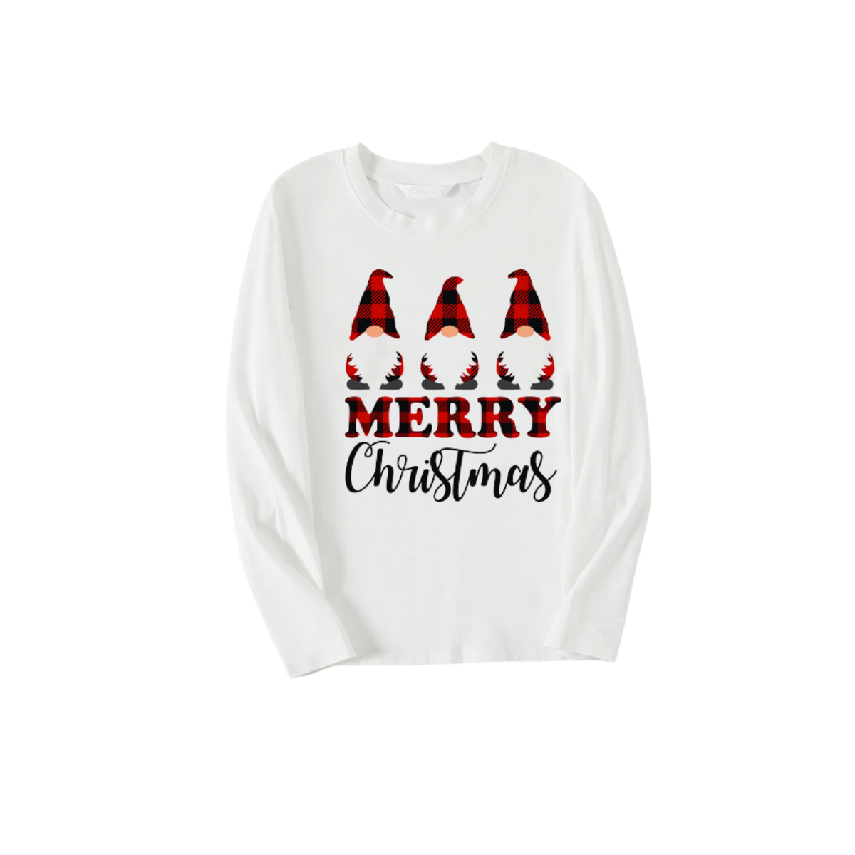 MERRY Christmas Letters And Santa Hat Printed White Long Sleeve Top with Red & Black Plaid Pants Family Pajamas