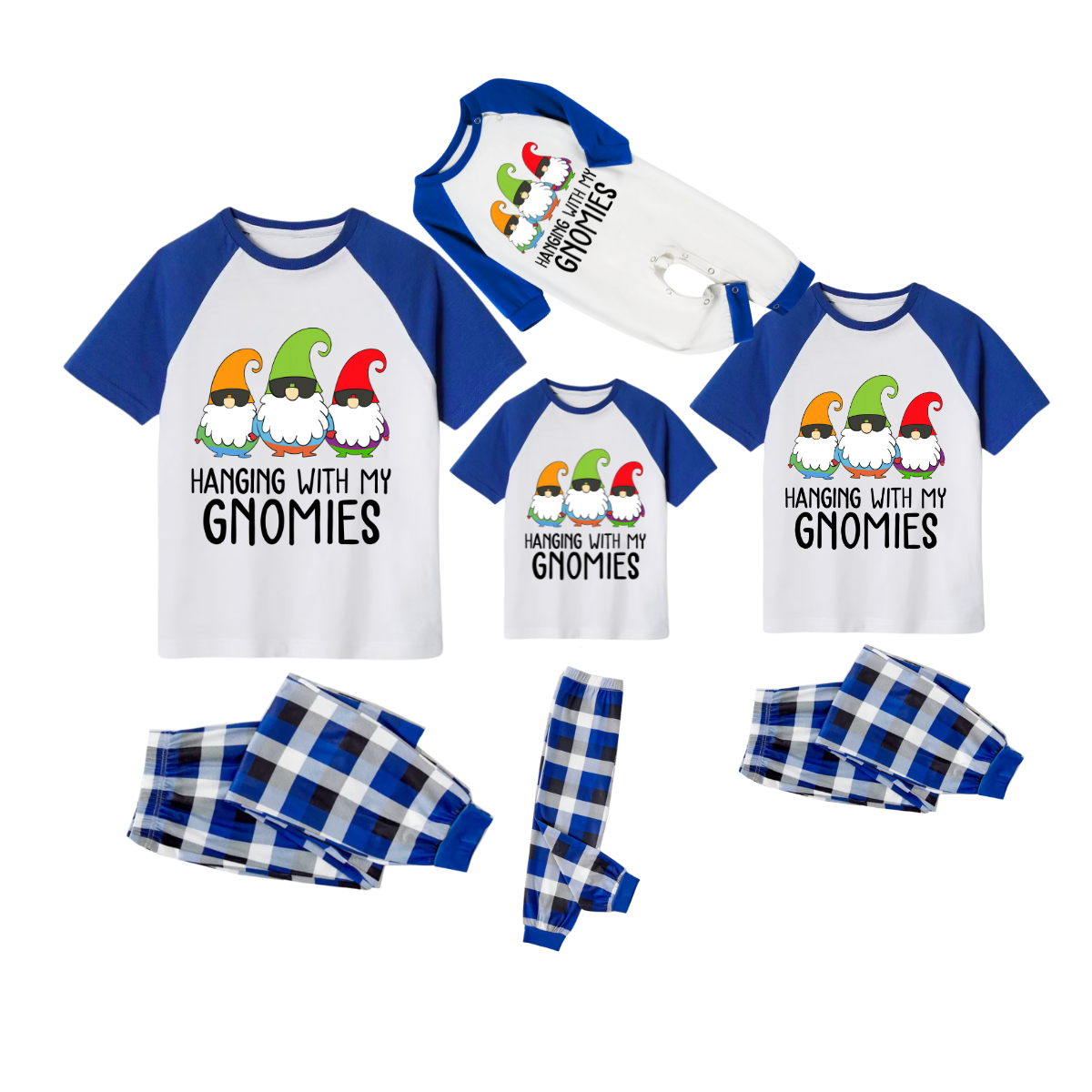 Hanging With My Gnomies Family Pajamas Set - White Top Blue Sleeves Blue Plaid Pants Colorful Gnomes Graphic