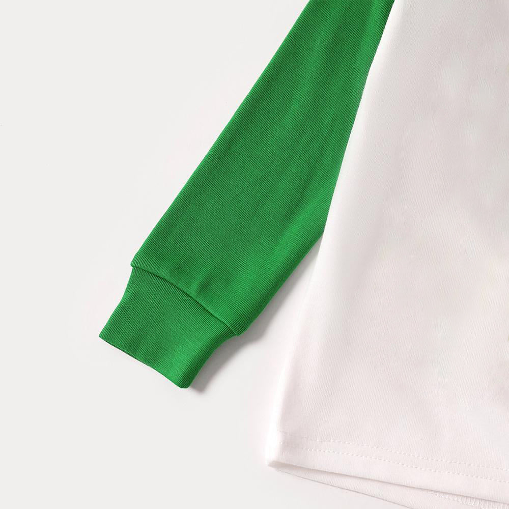 Joyful Green Raglan Top Christmas Pajamas Set With "We are Family" Colorful Text Print