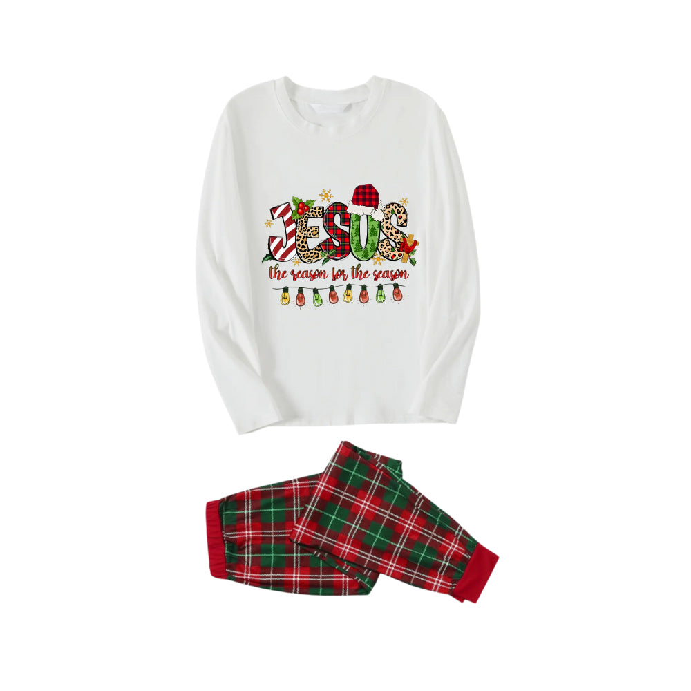 Christmas Light and Jesus Text Printed Red and Green Plaid Christmas Pajama Set