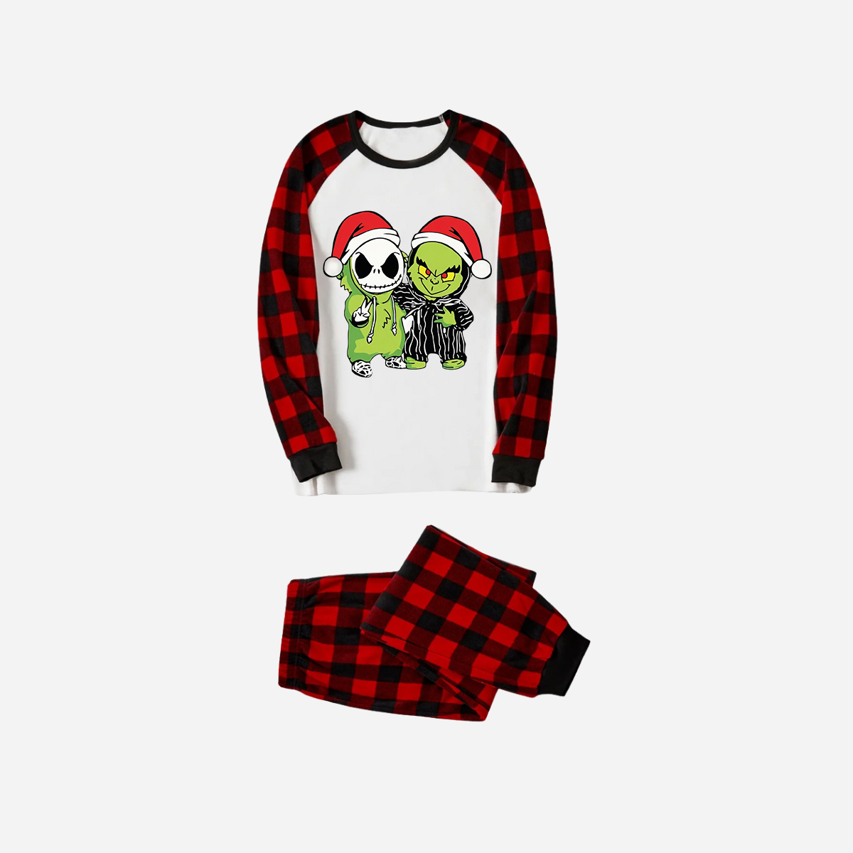 Red and Black Plaid Christmas Pajamas Set With Grinch and Cartoon Pattern Print
