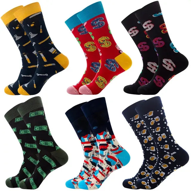 3 Pairs Lot Pack Men Women Couples Lover Socks New Arrival Rhombus Animal Christmas Cartoon Fruit Food Dot Cotton Happy Socks